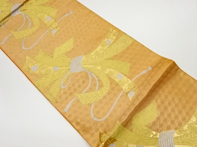 リサイクル　亀甲に束ね熨斗模様織出し袋帯